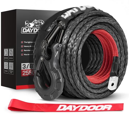 DAYDOOR Synthetic Winch Rope, 3/8 Inch x 92ft 25,500 LBS Synthetic Winch Line, Synthetic Winch Cable for Offroad Vehicle 4WD SUV Jeep, Synthetic Rope with Forged Winch Hook(Gray)