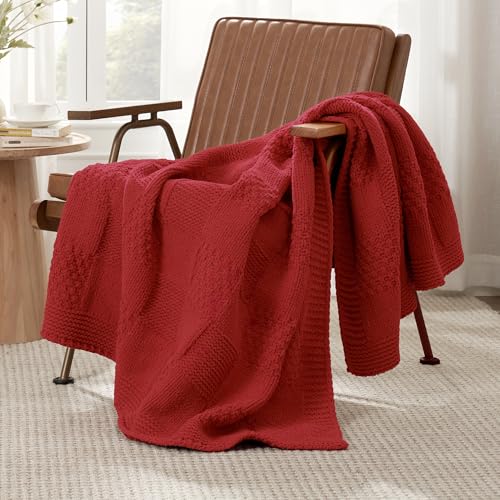 Amélie Home Checkered Chenille Knit Throw Blanket for Couch, Classic Texture Decorative Soft Blanket for Sofa, Chair & Bedroom, 50"x60", Red