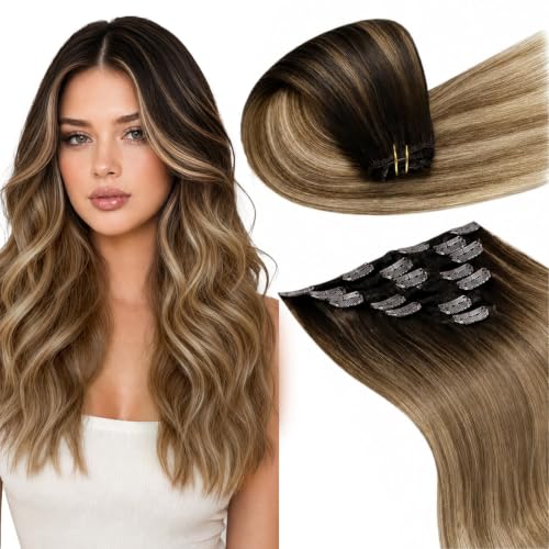 Image of LaaVoo Human Hair Clip In Extensions, Silky Straight, 16 Inch | Darkest Brown Mixed Chestnut Ash Blonde Balayage, 120g 7pcs, Clip On Extensions Human Hair, Smooth, Natural Shine