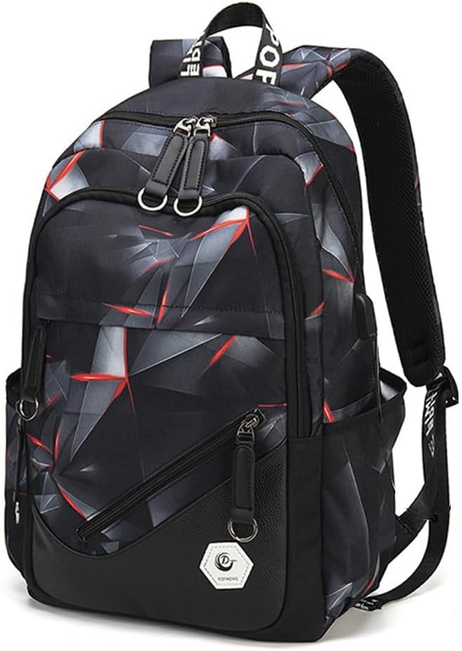 Geometric-Print Boys Backpack for Elementary Middle School Kids Bookbag School Bag for Teens Black Red