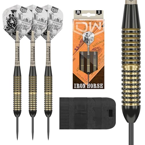 DW Ironhorse Brass Metal Tip Darts, 22G | Steel Tip Dart Set with Storage Case Wallet, Black & Gold Darts, Metal Points, Professional Darts Accessories