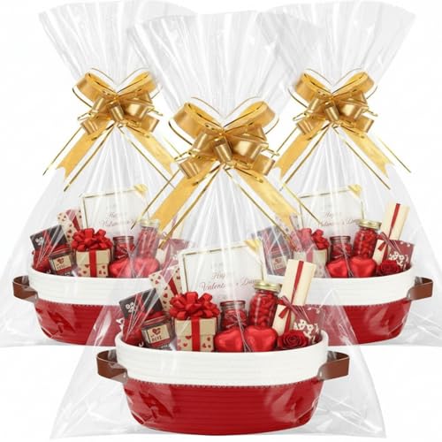 Image of Colingmill 3 Pack Easter Small Woven Basket for Gifts with Handles Clear Bags and Ribbons Empty Storage Basket Decorative Chest Box for Easter Wedding Present(White and Red,12 inchx 8 inchx 5 inch)