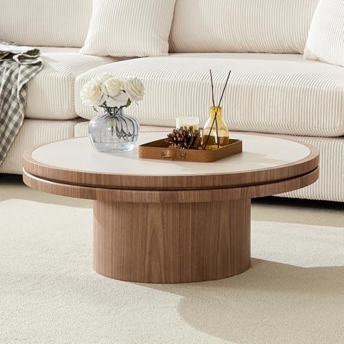 LKTART 35.43 Inch Round Coffee Table with Travertine Texture Sintered Stone Top Mid-Century Modern Pedestal Center Table Wood Coffee Tables for Living Room Bedroom Apartment Easy Assembly Walnut