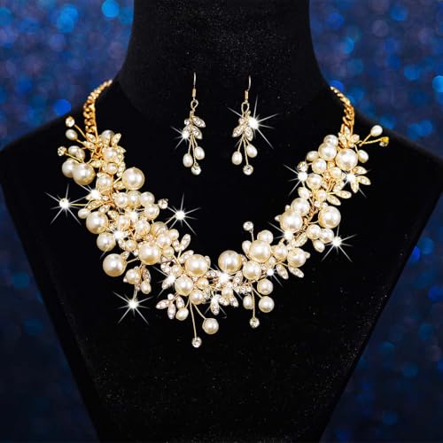 Sixexey Bridal Wedding Jewelry Set Gold Pearl Necklace Jewelry Crystal Rhinestone Necklace and Earrings Prom Costume Jewelry for Women and Brides2