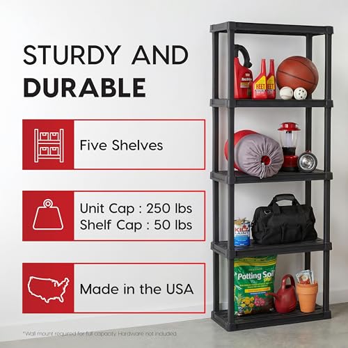 Image of IRIS USA 5-Shelf Light Duty Plastic Storage Shelves, 250lb Capacity, 64 inch H x 24 inch W x 12 inch D, Medium Modular Shelving Unit Storage Organizer for Bathroom, Laundry, Garage & Home, Storage Rack - Black