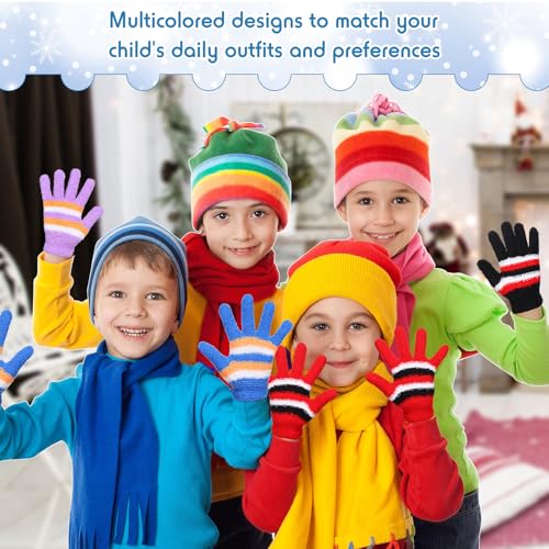 Crowye 50 Pairs Kid Gloves Bulk Winter Full Fingers Knitted Fleece Warm Colorful Fluffy Stripe Stretchy Gloves4