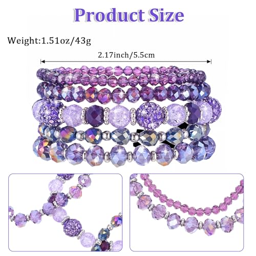 5Pcs Beaded Bracelets for Women, Bohemian Glass Faceted Crystal Beads Bracelet, Stackable Boho Disco Ball Stretch Bracelets, Multilayered Purple Jewelry Gift for Women, Mother's Day2