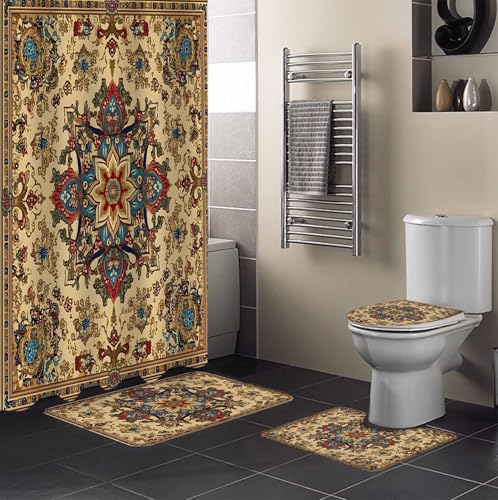 Boho Flower Bathroom Set with Shower Curtain and Rug and Accessories - 36x72 Inches Long Bohemian Western Rustic Tribal Patterns Stall Curtain Waterproof with Large Bath Mat, Washable Runner Rug Set