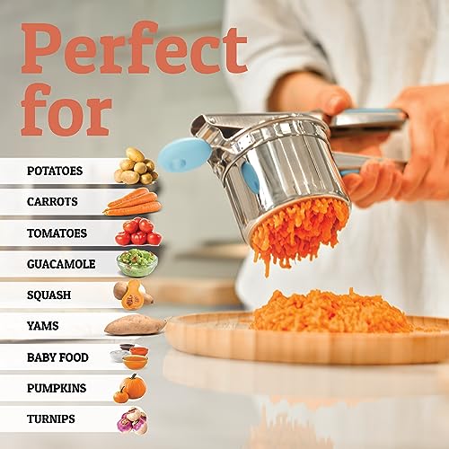 Image of PriorityChef Large 15oz Potato Ricer, Heavy Duty Stainless Steel Potato Masher and Ricer Kitchen Tool, Press and Mash Kitchen Gadget For Perfect Mashed Potatoes - Everytime, Silver and Turquoise
