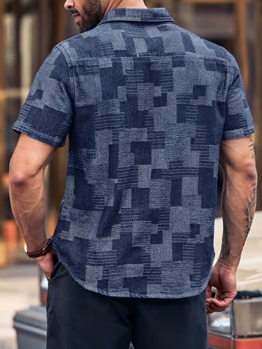 Runcati Mens Denim Shirts Short Sleeve Patchwork Button Down Casual Hippie Summer Jean Shirt3