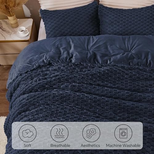 BEDELITE Fluffy Full Size Comforter Set - Navy Fleece Soft Comforter for Full Size Bed, Luxury Warm Bedding Set for Winter, Fuzzy Bed Set 3 Pieces (1 Comforter, 2 Pillowcases)