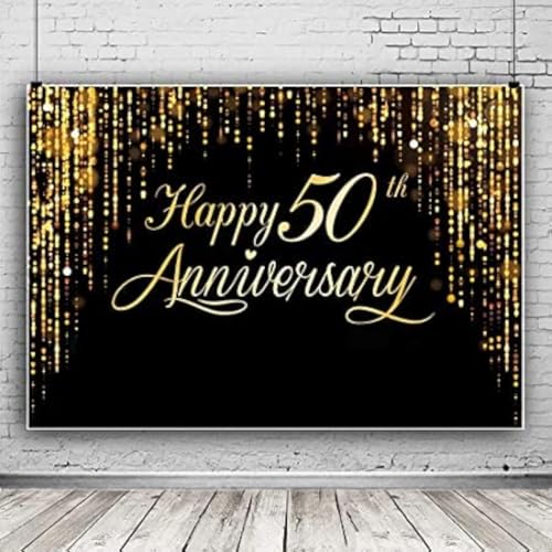 Image of Anniversary Backdrop for Happy 50th Party, Black Gold Background Glitter Bokeh Dots Wedding Anniversary Party Photo Background Cake Table Extra Large Wall Decor Props (73'' x 50'')