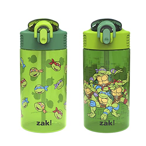 Zak Designs Teenage Mutant Ninja Turtles Kids Water Bottle For School or Travel 16oz 2-Pack Durable Plastic Water Bottle With Straw Handle and Leak-Proof Pop-Up Spout Cover (TMNT)
