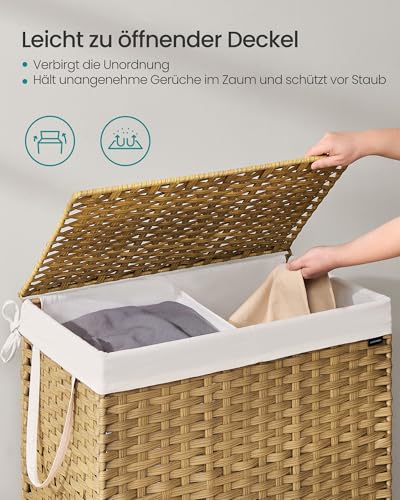 SONGMICS Wäschekorb 2 Fächern, Wäschesammler 160 L, Wäschebox aus synthetischem Rattan, mit Deckel und Griffen, geflochten, faltbar, herausnehmbarer Wäschesack, naturfarben LCB216Y01