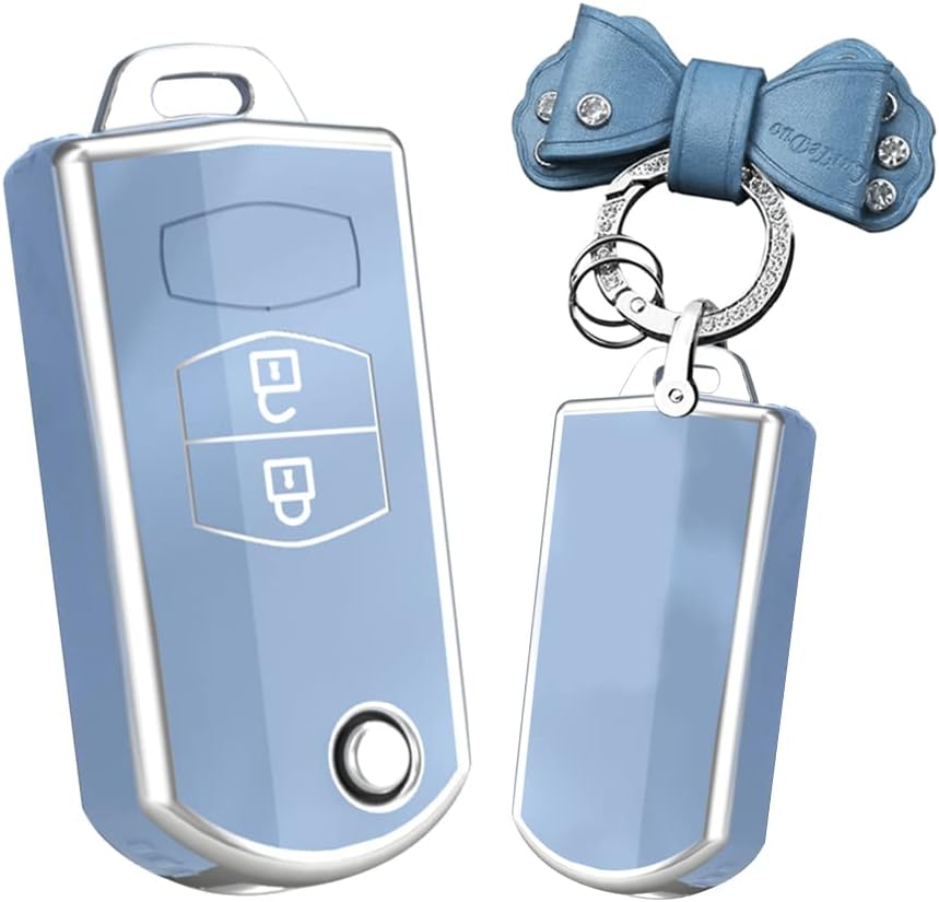 HIBEYO Flip 2 Button for Mazda Key Fob Cover Soft TPU Key Case for Mazda 2 3 5 6 8 Atenza CX5 CX-7 CX-9 MX-5 RX GH Demio Smart Key Holder Car Accessories with Keychains-Bow Key Chain(Gray)