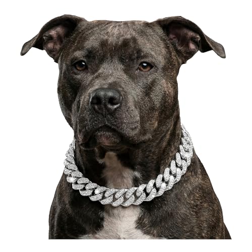 Image of Dog Chain Diamond Collar Walking Metal Chain Collar with Design Secure Buckle, Pet Collar Jewelry Accessories for Small Medium Large Dogs Cats (Silver, 8 Inch)