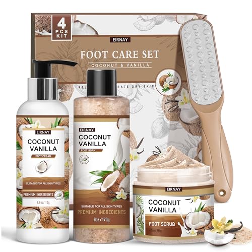 EIRNAY Coconut & Vanilla Foot Soak Set - Salts, Foot File, Scrub & Urea Cream Pedicure Supplies for Dry, Cracked Feet - Foot Spa Pedicure Kit for Women Men