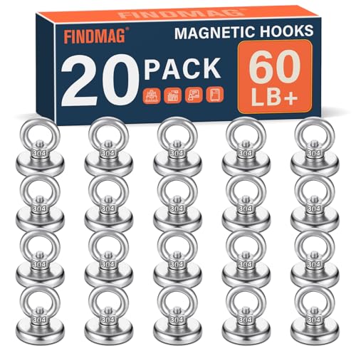 FINDMAG 60 LB Magnetic Hooks, 20 Pack Heavy Duty Magnet Hooks for Fridge, Perfect as Locker Hangers and Wall Magnets for Cruise Ship Doors, Strong Magnets to Hold Curtains and Kitchen Tools