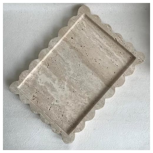 SAIDKOCC Natural Scalloped Marble Tray, 10.7"x7.87", Rectangle for Bathroom & Kitchen, Decorative for Dresser (Beige Travertine)
