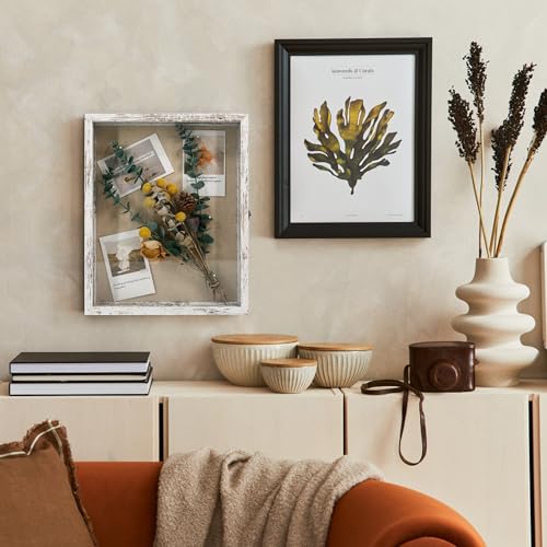 Image of GraduationMall 13x16 Wood Shadow Box Frame Glass Door Display Case with Linen Back and 6 Stick Pins,1.5 inches Interior Depth,Ideal for Memorabilia Pictures Flowers Medals Tickets Rustic White