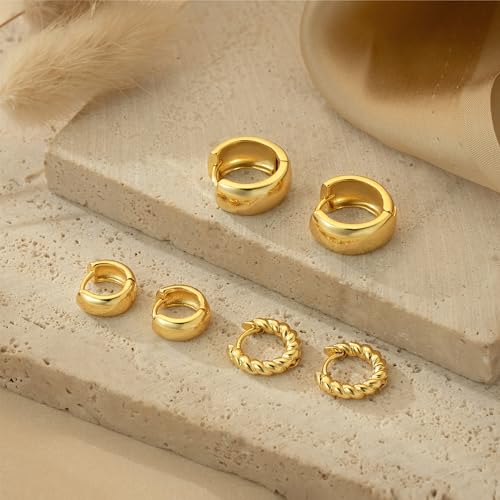Image of Freekiss 3 Pairs Gold Hoop Earrings Set: Dainty Stud Earrings Trendy Small 14K Gold Plated Hypoallergenic Dangle Cartilage Huggie Hoop Earrings for Women Gold Jewelry for Women Gifts