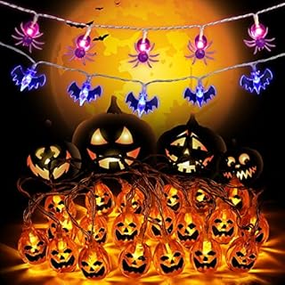 LinTimes Pumpkin Halloween Lights, 3 PCs Fairy Lights with Pumpkin Bats Spider Ornaments Battery Operated 60 LEDs String Lights for Halloween Party Home Garden Indoor Outdoor Decoration (3M*3)