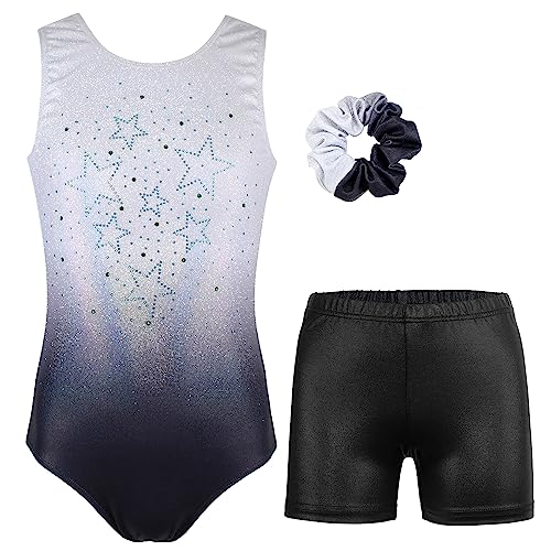 Image of MODAFANS Leotards for Girls Gymnastics with Shorts Dance unitards Tumbling Biketards with Hair Scrunchie for3-13T