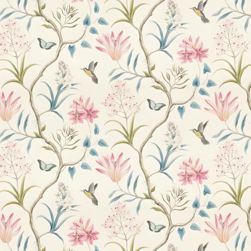 Image of HaoCaihwhui Vintage Floral Peel and Stick Wallpaper, Pink and Green Botanical, Self-Adhesive Removable, Thickened Material, for Home, Living Room, Bedroom, 17.3x118 Inches