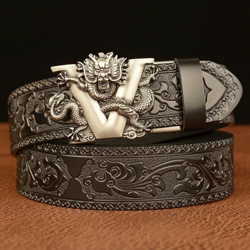 Designer Belts for Men, Genuine Leather Ratchet Dress Belt with Retro 3D Dragon Sliding Automatic Buckle2