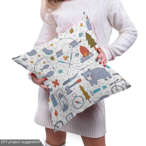 Image of Lunarable Camping Fabric by The Yard, Cartoon Bear Tent and Compass Outdoor Hobby Theme Hiking Doodle, Decorative Fabric for Upholstery and Home Accents, 3 Yards, Vermilion Bluegrey