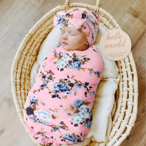 Image of DRESHOW BQUBO Baby Girl Newborn Floral Receiving Blankets with Bow Hat Headband Wooden Birth Announcement Card Set Newborn Baby Swaddling Hats Swaddle Blanket Toddler Warm Shower Gift