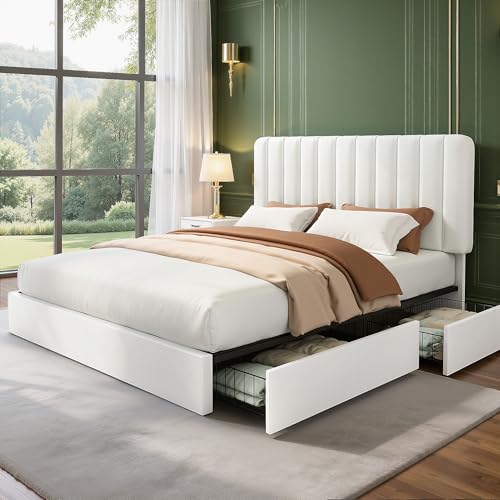 VECELO - Cama doble acolchada de 140 x 200 cm con 4 cajones y cabecera ajustable, marco de cama de terciopelo, soporte de madera sólida, fácil de montar, color blanco