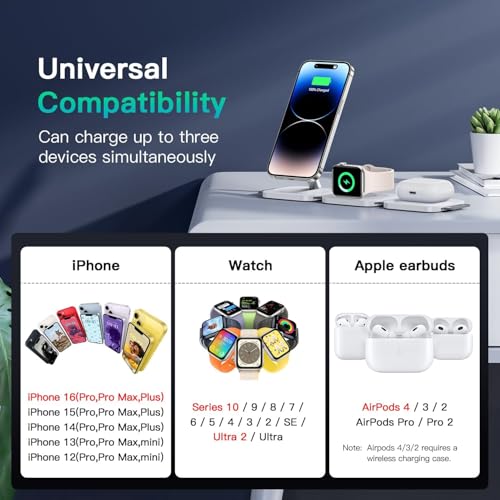 Image of JARGO 3 in 1 Wireless Charging Station for Apple Devices, Foldable iPhone Charging Station for iPhone 17 /16 /15 /14 /13 /12, Apple Watch & AirPods with Magsafe, Travel Essentials Wireless Charger (White)