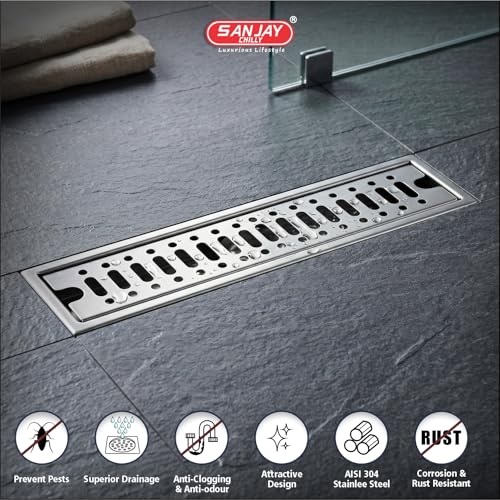Image of Bathroom Linear Shower Drain 3X36 INCH Stainless Steel | Center Hole Channel Drain | Heavy Duty, Rust Proof & Odor Resistant