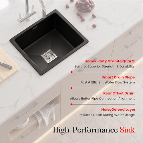 Image of LAPO Quartz Basin for Kitchen | 18x16 Inch UV Safe Surface | Single Bowl Basin with Integrated Tap Cut-Out | Supplied with Waste Pipe, Connector & Drain Strainer | 3 Year Warranty (Black Metallic)