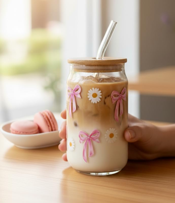 Image of THE UMBRELLA STORE Glass Tumbler Bamboo Lid and Straw, Coffee Tumbler, Reusable Glass (Bows and Daisies)