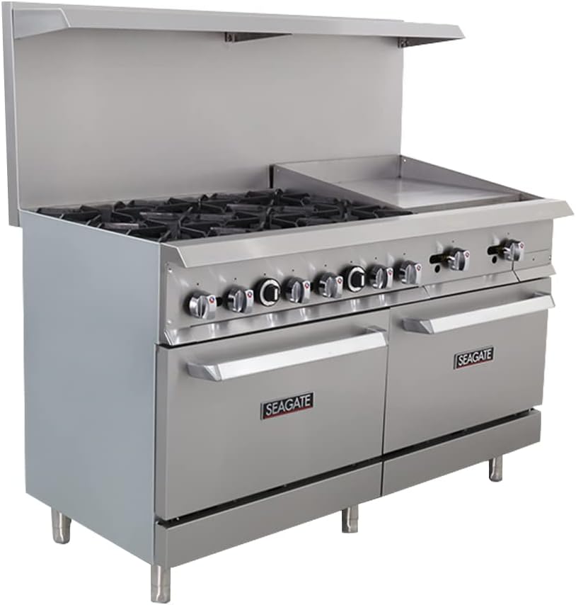 SEAGATE, SGR-6B-24MG-60, Commercial Restaurant Range, Natural Gas, (6) 30k BTU Heavy Duty Cast Iron Burner on Left Side, (1) 24" 39k BTU Griddle on Right Side, (2) 32k BTU Porcelain Oven | 60"
