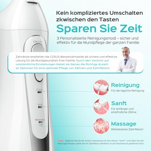 COSLUS Munddusche Kabellos Trragba Elektrische: 300ML WassertankTestsieger 2026 IPX7 Wasserdicht für Oral Health Enthusiasten Tägliche Tiefenreinigung Reinigung auf Reisen 5 Multifunktionale Jet-Tipps