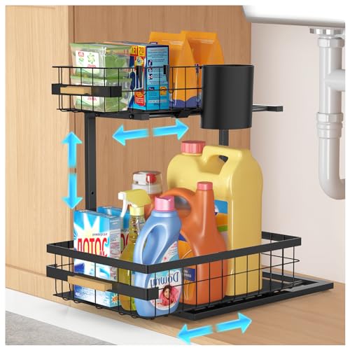 Under Sink Storage Kitchen Organiser, Adjust Height Kitchen Storage Under Sink Shelf, 2 Tier Sliding Out Basket for Bathroom Cupboard Cabinet Pull Out Organization, Black