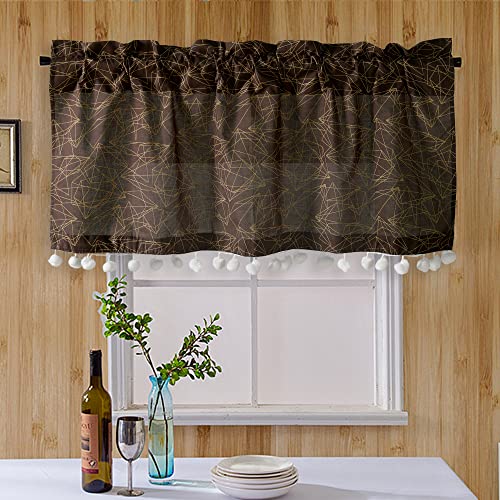 Image of Ravaiyaa - Attitude is everything Hand Printed Half Window Kitchen Curtain 100% Cotton Short Drapery Valance Curtain 40 inch X 18 inch Inch (Chocolate Geometric)