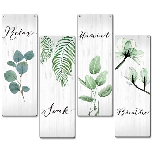 Bathroom Wooden Sign Set, 4 Pieces - Relax Soak Unwind Breathe Wall Art Decor For Farmhouse Home, Gifts