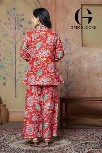 Greciilooks Women Rayon Blend Floral Ethnic Wear Formal Kurta Co-Ord Set (Gl-W1862&Tr913-Xl-Red Red)