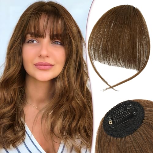 RUWISS Postiche Flequillo a Clip 100% Cabello Humano Natural Extensiones Flequillo Templo Extensión Flequillo Clip para Mujeres(Castaño Medio)