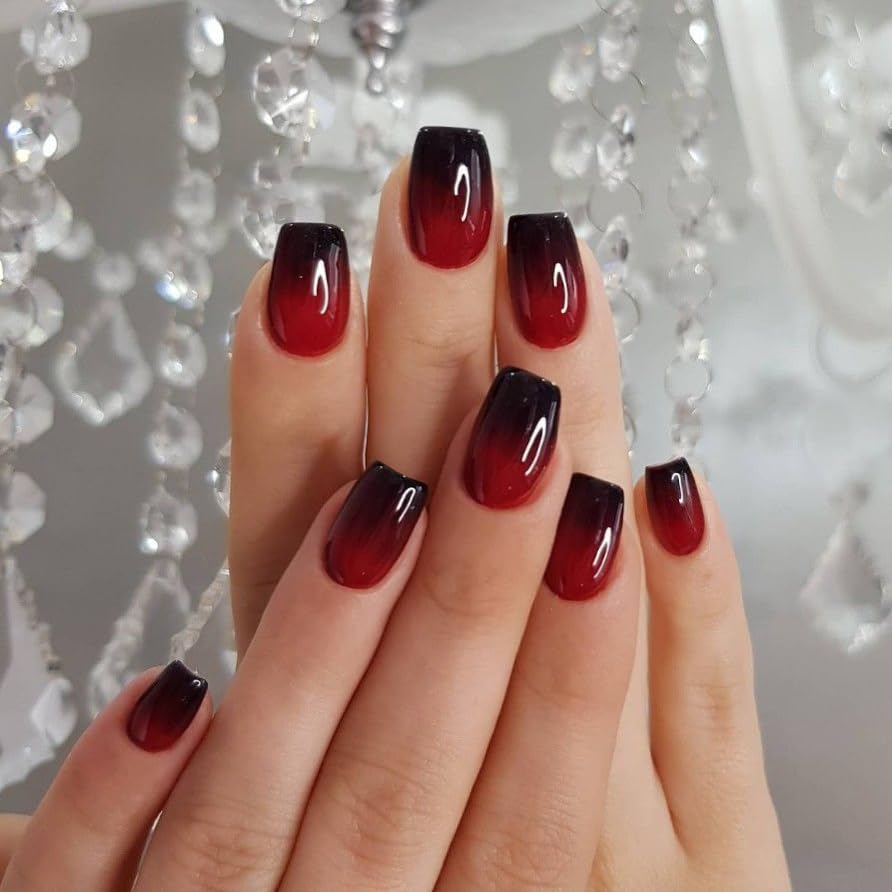 30Pcs Ombre Red Press on Nails Short Square Acrylic French False Nails,SXVME Short Coffin Natural Gradient Color Acrylic Fake Nails Set Elegant Glossy Gel Stick on Nail for Women Daily Wear - Image 2