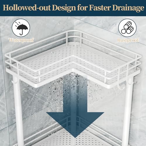 Image of Consumest Corner Shower Caddy Standing - 3-Tier Stainless Steel Shower Organizer with Soap Holder and 4 Hooks, Large Capacity Corner Shelf Stand for Bathroom, Rest Room, White