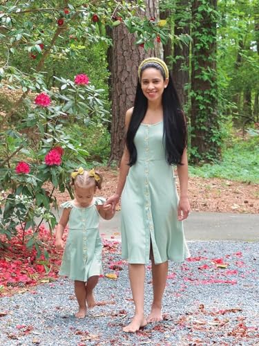 Image of IFFEI Mommy and Me Matching Dress Spaghetti Strap Summer Casual Sundress Beach Sleeveless Dress with Headband