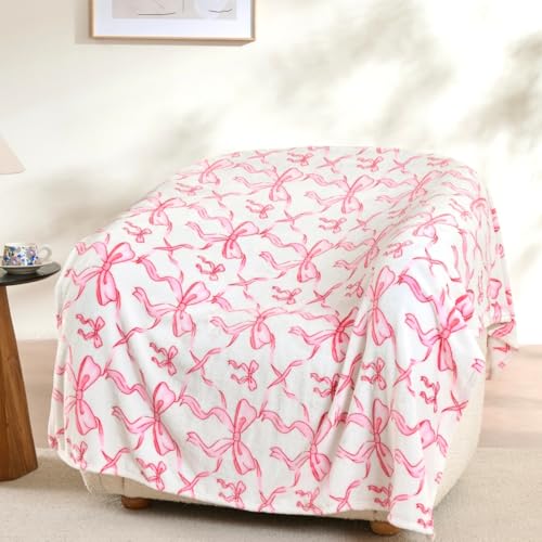 Pink Bow Throw Blanket Spring Mothers Day Soft Fleece Blanket for Girls and Women Coquette Aesthetic Room Decor for Bed Couch Chair Preppy Bedroom or Gift Cute Pink Bow Decor Blanket