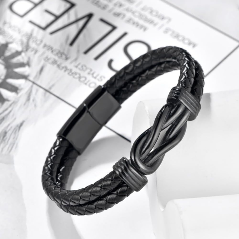 Udefw Infinity Bracelet for men，Men's Braided Leather Bracelet with Stainless Steel Knot Design, Brown/Black Woven Leather Bangle with Secure Clasp, Vintage - Style Wrist Jewelry for Daily Wear