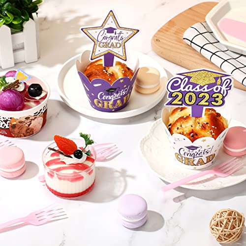 96 Pieces 2023 Graduation Cupcake Toppers Wrappers Congrats Grad Cake Decorations Adjustable Grad Cap Diploma Cake Wrappers Toppers Class Of 2023 Grad Graduation Party Supplies (Purple Gold) #TOP4