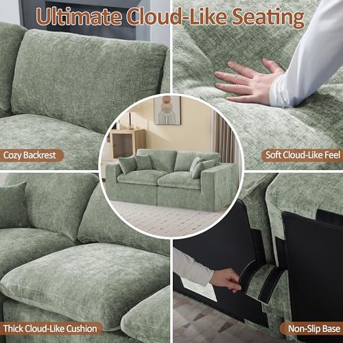 Image of 83''Cloud Boneless Sectional Couch, Modular Sectional Sofa Deep Seat, Upholstered Convertible Comfy Loveseat Chenille Memory Foam Sofa Couches for Living Room, Green